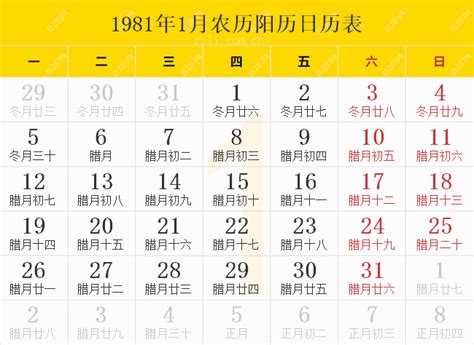 1981年2月1日|1981年日历表,1981年农历表（阴历阳历节日对照表）